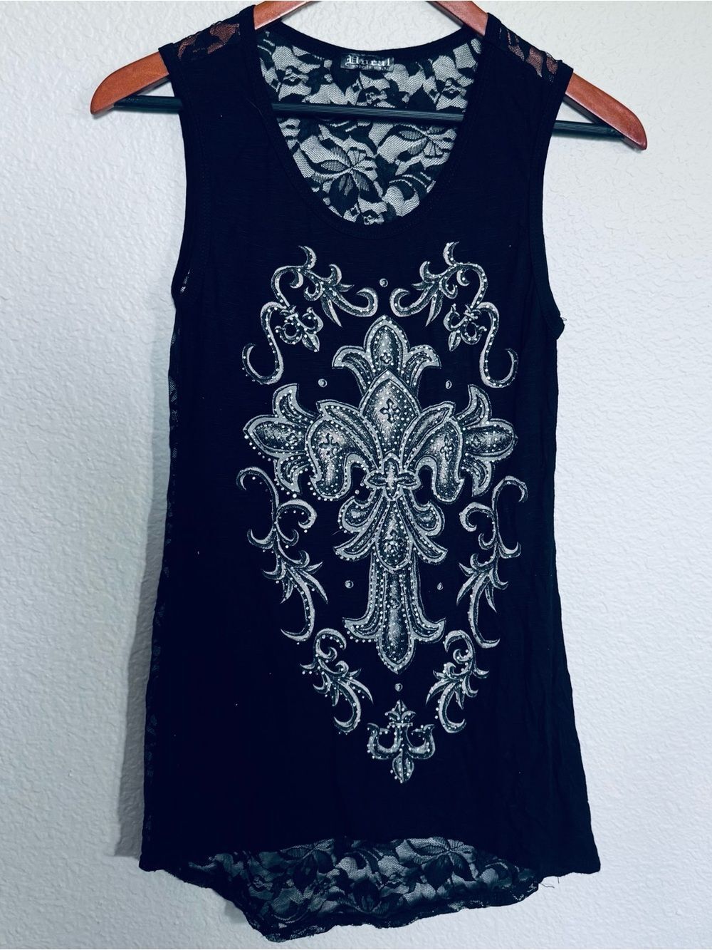 Sparkling Crystal Lace Fleur de Lis Graphic Black Top S